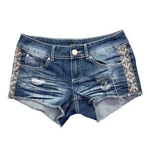 EMPYRE Denim Shorts Distressed Aztec Accents Raw Hem Blue Sz 3 Fits 28" Grunge